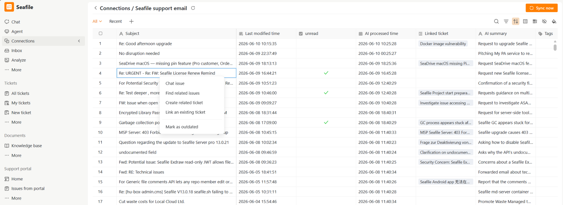 Support inbox workspace